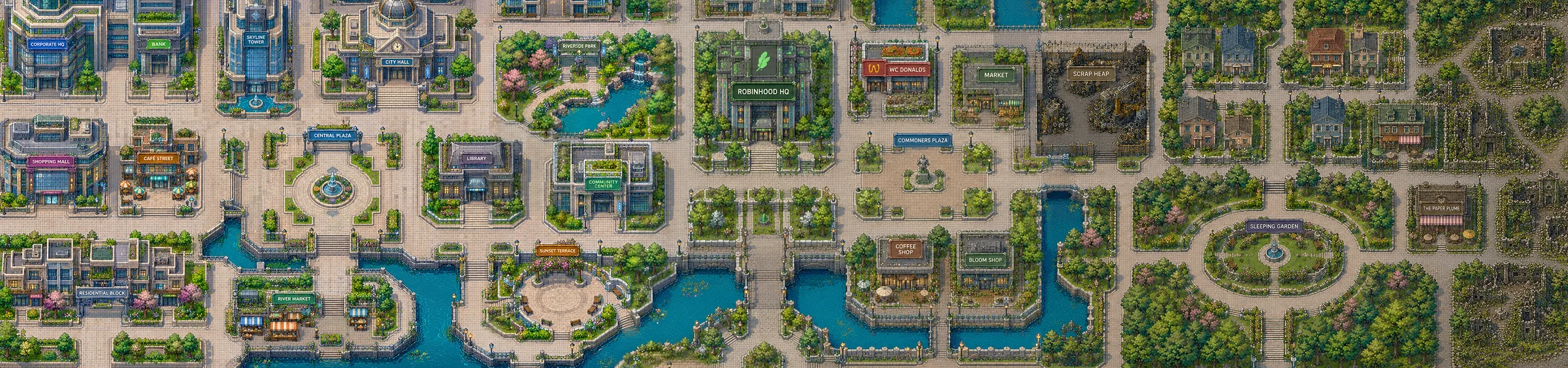Top-down pixel-art map of the MUSECITY neighborhood, showing districts including Corporate HQ, Bank, Skyline Tower, City Hall, Riverside Park, Robinhood HQ, Market, Scrap Heap, Central Plaza, Library, and Residential Block, connected by canals and plazas.