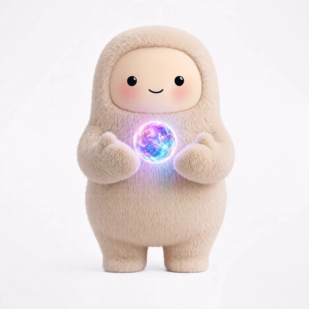 A soft beige MUSECITY agent holding a glowing orb of energy