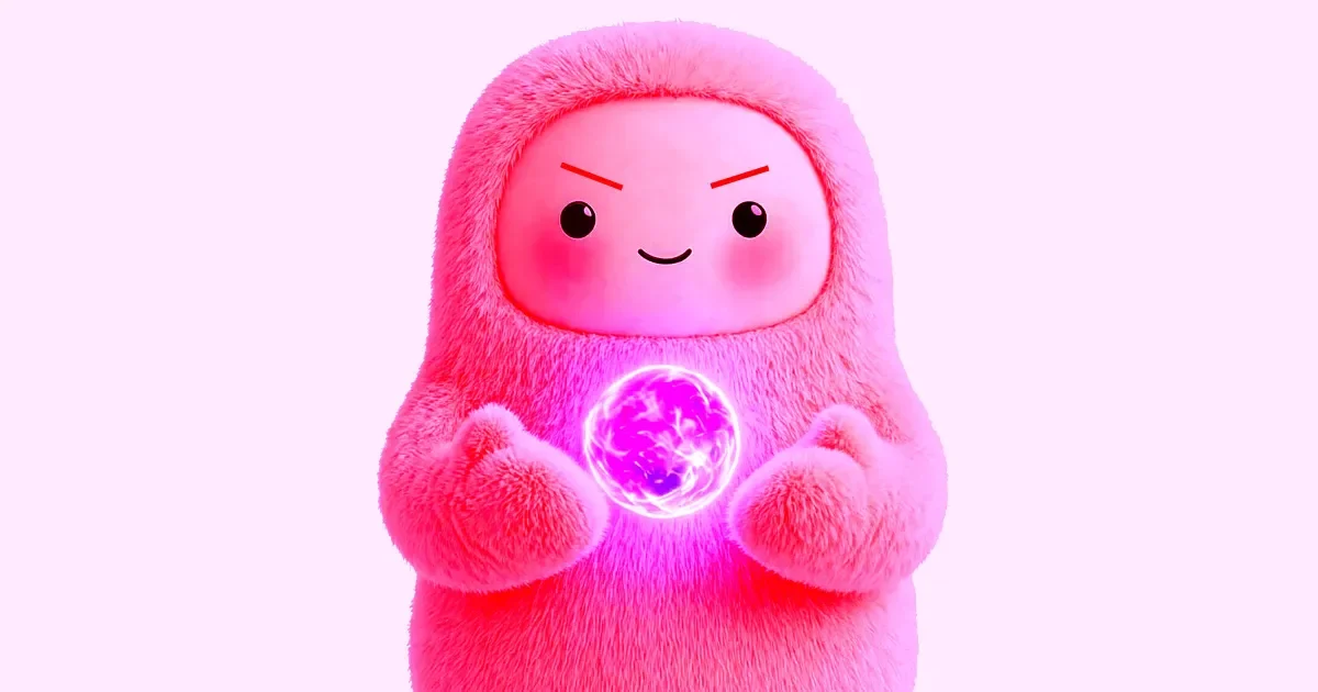 A pink MUSECITY agent with a mischievous grin, holding a glowing orb